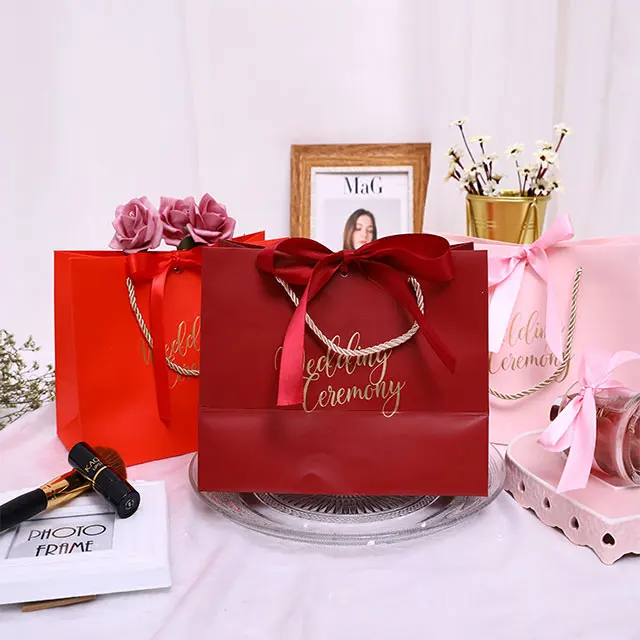 Candy Color Gift Paper Bags Solid Shopping Bag with Handle and Ribbon Wedding Party Favors Festival Big & Small Gift Bags 10pcs