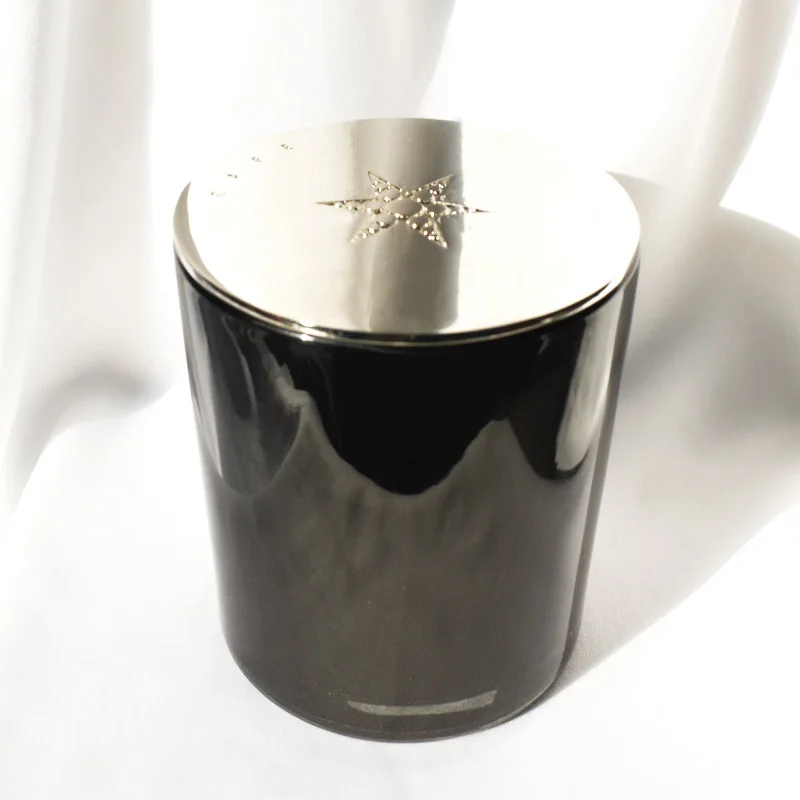 12oz Black Candle Jars with Zinc Alloy Silver Thin Lid with Custom Engraved logo and Gift Rigid Cardboard Black Boxes Packaging