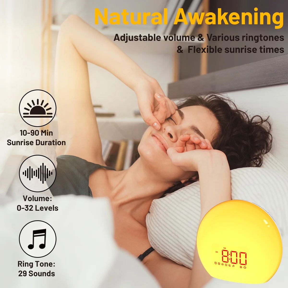 Customized draw simulation alarm clock that wakes you up with light for sleep aid