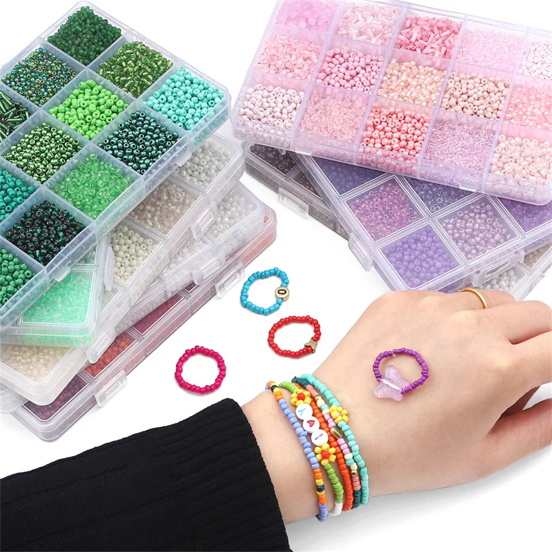 Customized kids beads set round glass seed beads craft kit set , wholesale 15 grids glass seed beads set for jewelry making