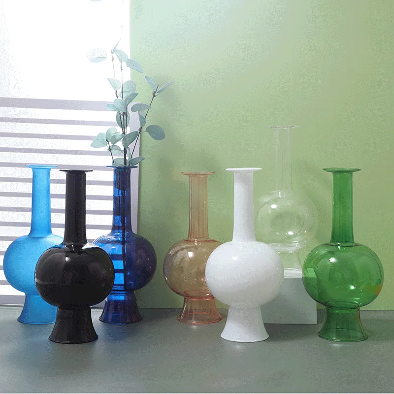 56H Retro blue vase hydroponic glass vase classical Chinese flower arrangement glass vase