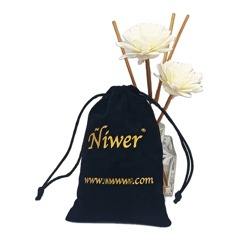 Custom logo drawstring satin lined gift bag small velvet jewelry pouch for perfume bottle