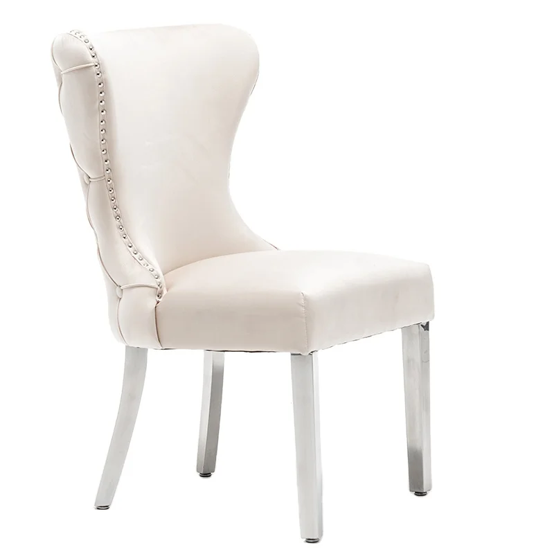 
Обеденный стул с пуговицами сзади, бархатный стул цвета шампанского из ткани для ресторана, металлические ножки из нержавеющей стали, внутренняя мебель 