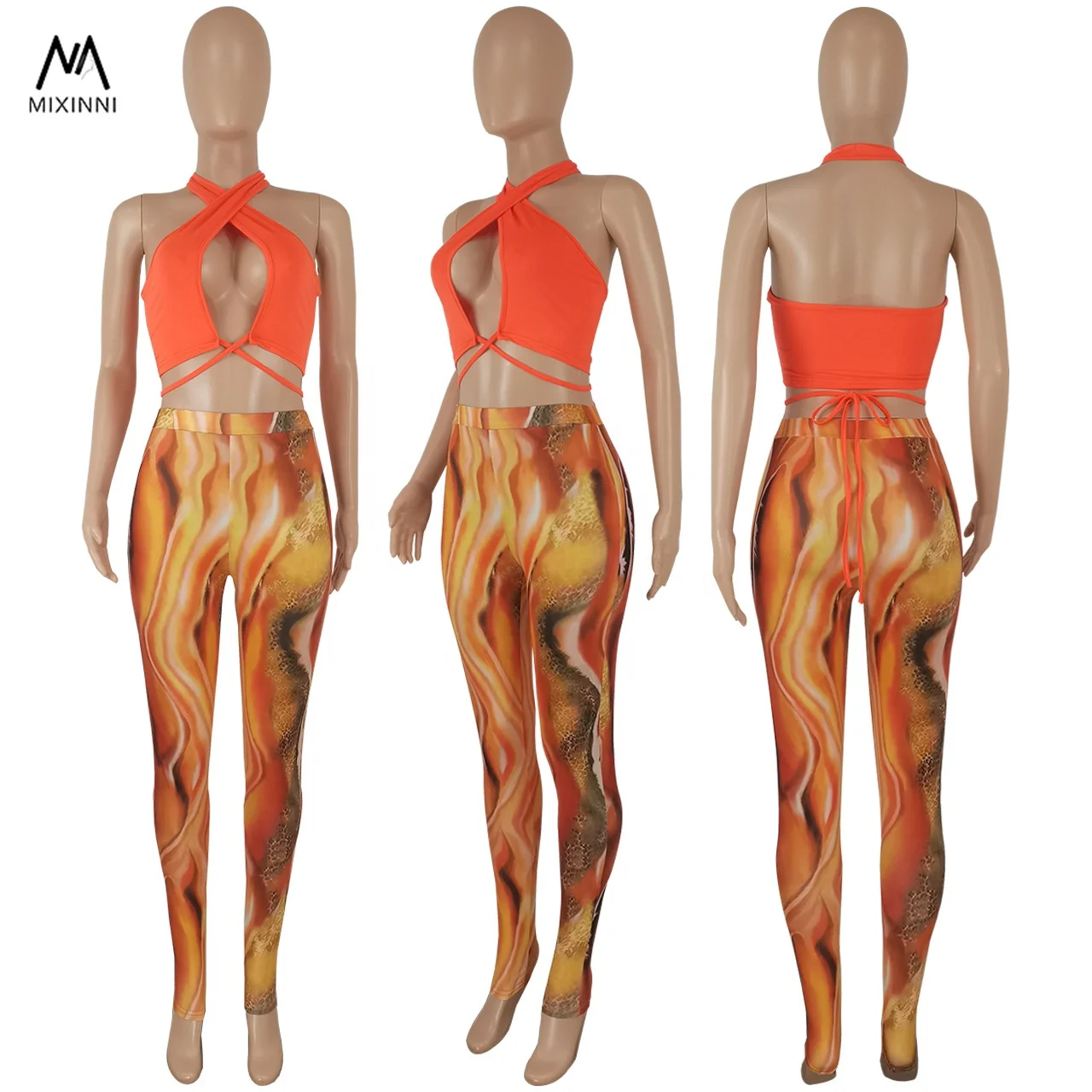 MXN 211 Sexy hanging neck solid color blouse women, printed pants two piece sets,fashion Casual summer clothes