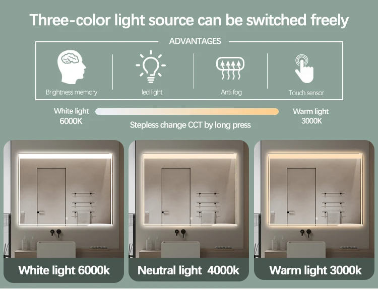 Stylish Design Rectangle Fog Removal Smart Led Mirror Custom Bathroom Mirror With Led Lights