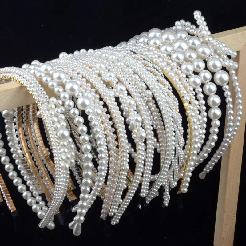 A20112201 Party Pearl Baroque Headbands Luxury Handmade Elastic Pearl Bow Hair Accessories Hairband for Girls
