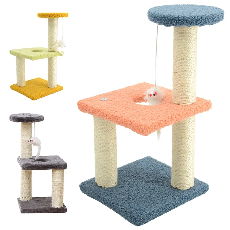 Multi-Level  Faux Fur Hemp Rope Sisal Wooden Cat Tree With Playing Mouse Toy