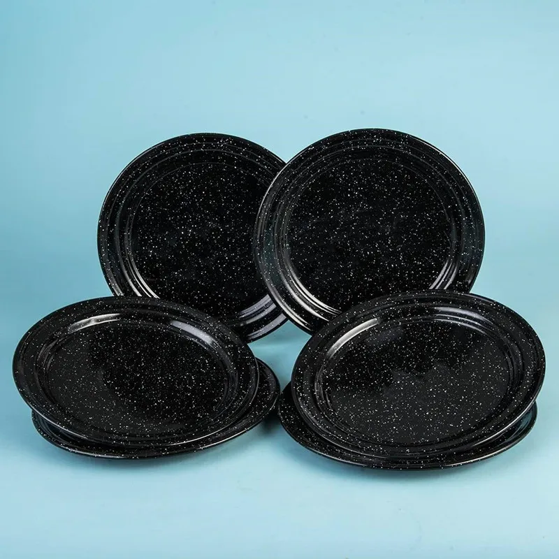 10 inch Kitchen Durable enamelware custom outdoor picnic camping black speckled enamel tin food serving dishes plate for Oven