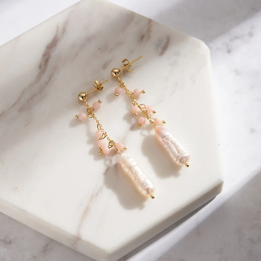 MPE05 Natural Freshwater Pear with Purple Mica Beads Gemstone Tassel Drop Designs 925 Sterling Silver Earrings