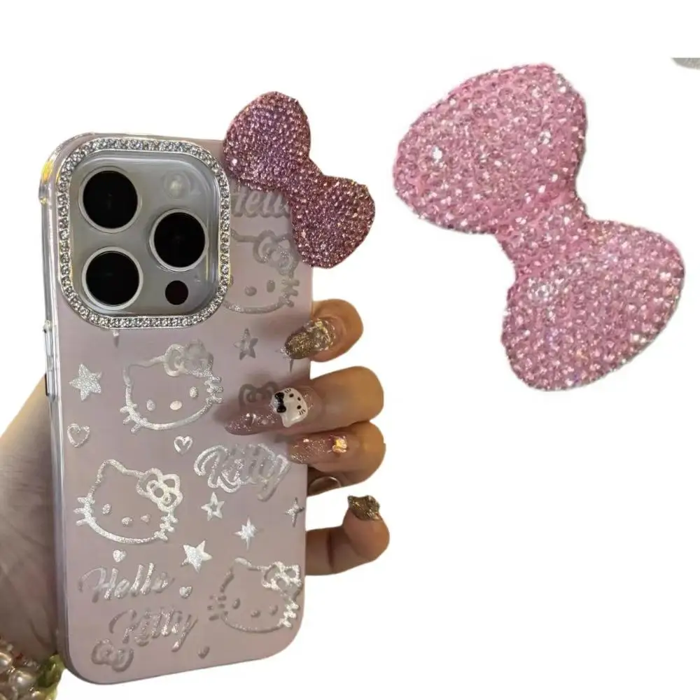 Kawaii Bling Pink Full Diamond Bow Tie Junk Phone Case Laptop Decoration Charm Accessories Flat Back Scrapbooking DIY Crafts