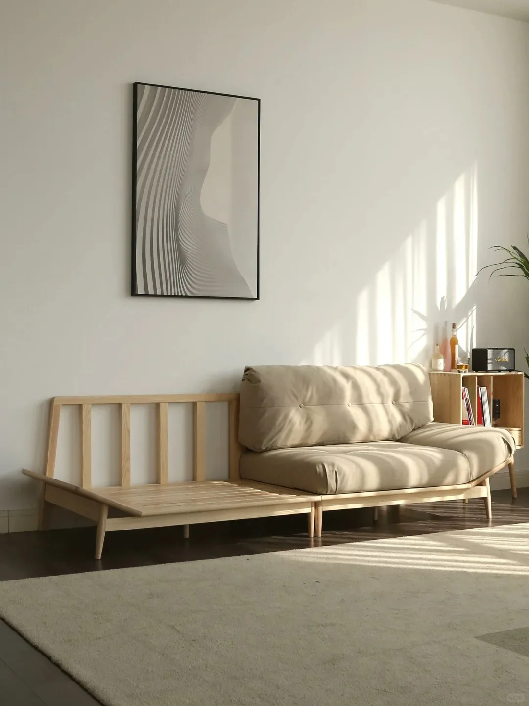 Solid Wood Elephant Ear Fabric Beancurd Block Ash Sofa Set for Hotel Small Japanese Apartment Hospital Inspired Log Living Room