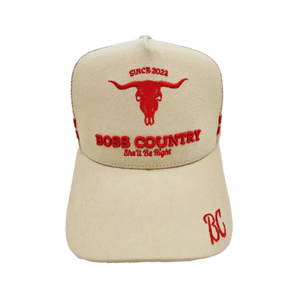 custom logo high profile  beige color  trucker hat 5 panel mesh trucker hats  high quality   cotton and mesh  trucker hats