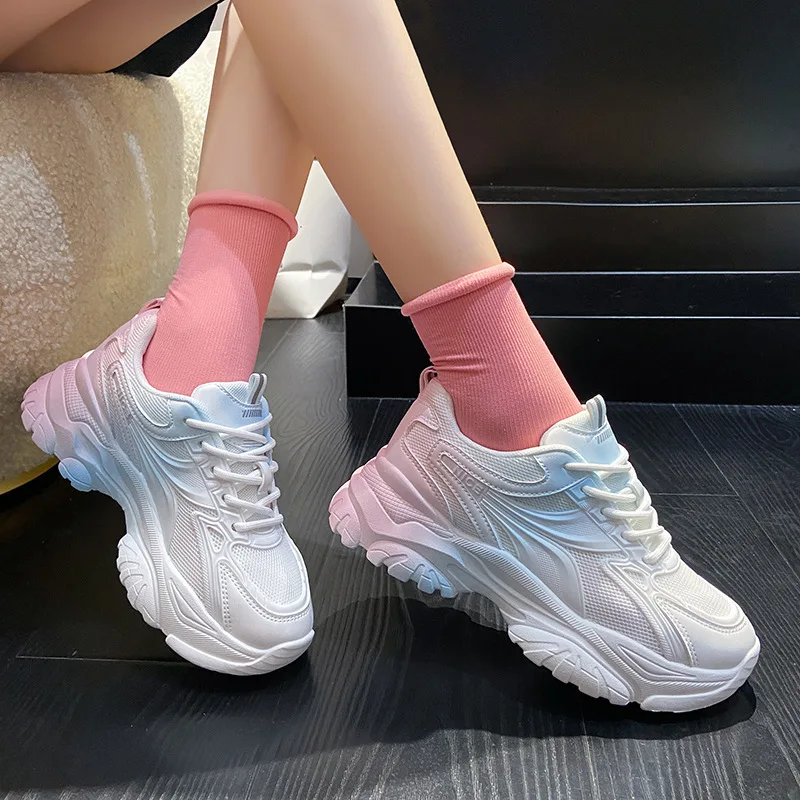 Xrh Lace Up Platform Sneakers Female Injection Molded Height Increasing Shoes Ladieds Mesh Breathable Flat Womens Chunky Shoes