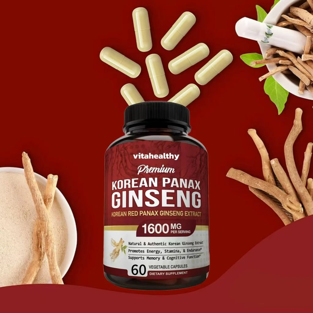Vitahealthy OEM/ODM Private Label Factory Supply Korean Red Panax Ginseng Capsules  With Ashwagandha Beetroot Green Tea Maca 60