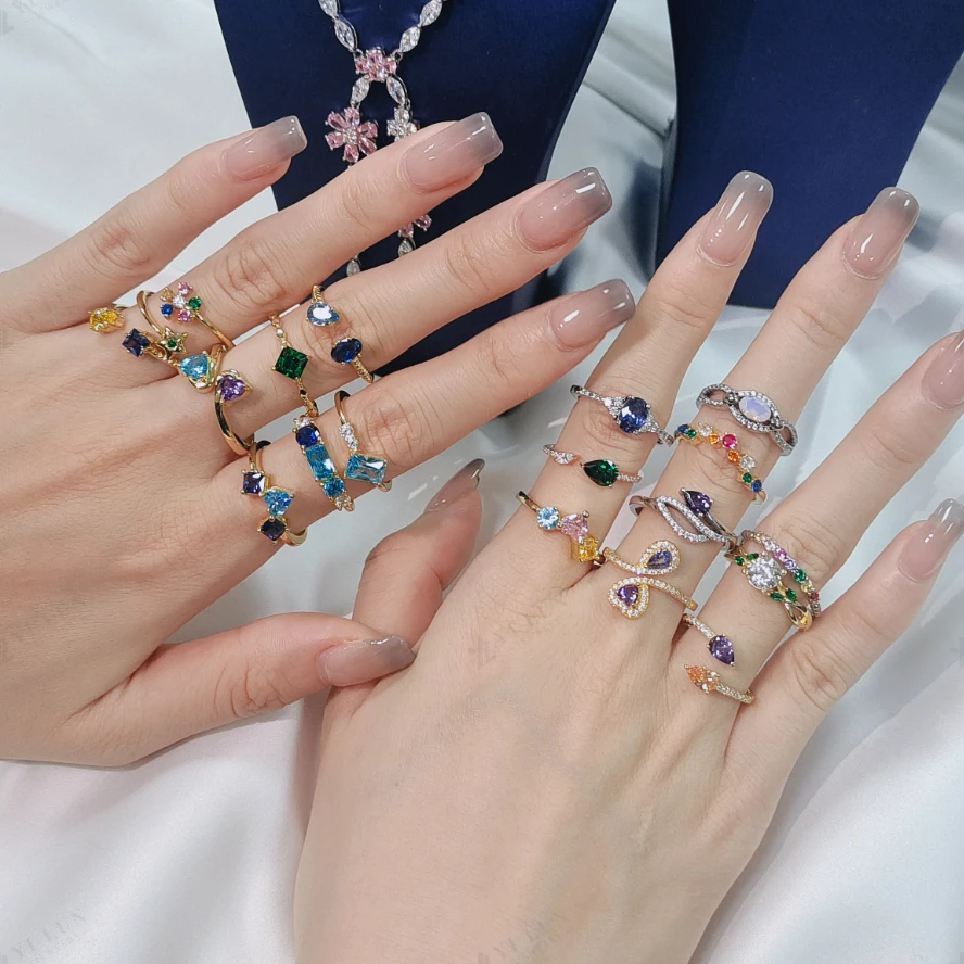 YILUN Rainbow Gemstone Stackable Rings Set 925 Silver Colorful CZ Fashion Layered Look Adjustable Bands Rings Jewelry for Women