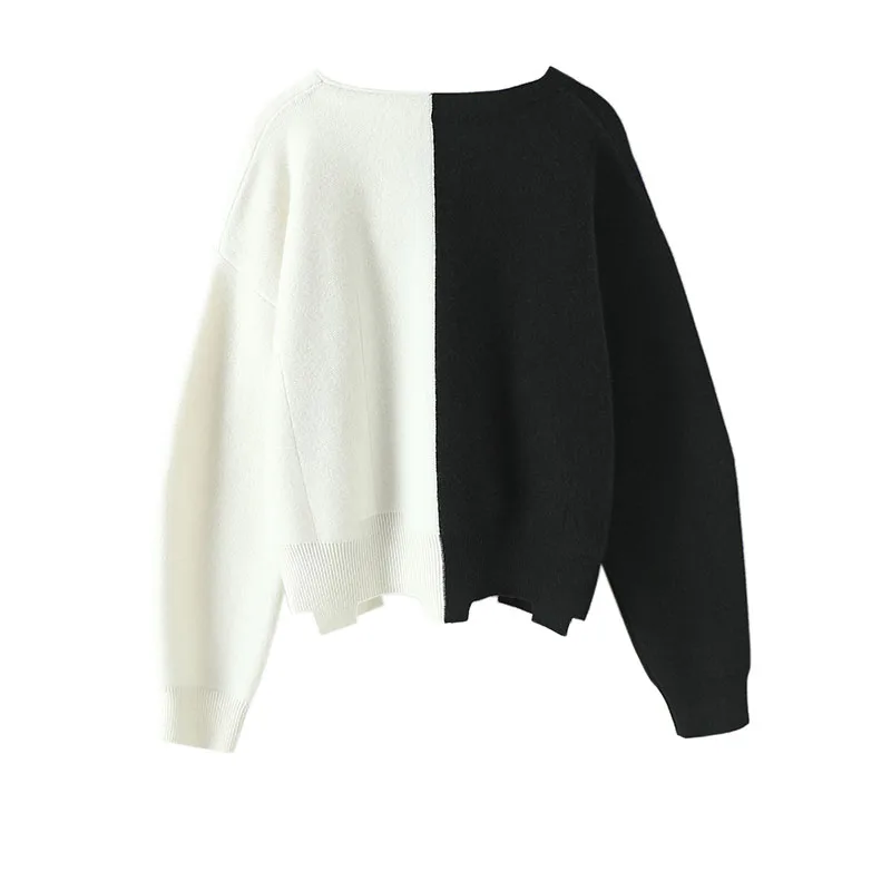 Black and white contrast loose V-neck women cashmere cardigan sweater