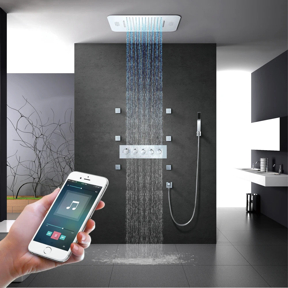Bathroom Rainfall Waterfall LED thermostatic Shower Faucet with Shower Body Jet and music function shower head