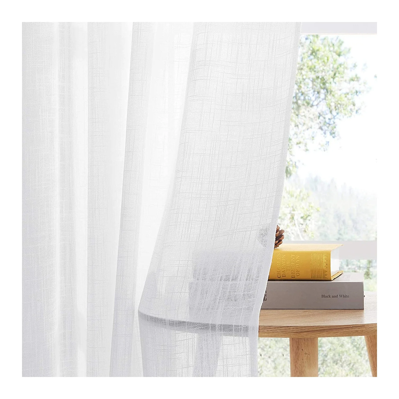 Hot Selling Damasco Slubc White Linen Look Voile Sheer Curtains Fabric For Living Room