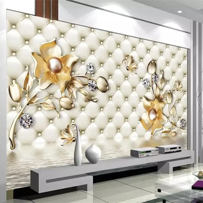 Custom Flower Wallpaper Luxury Soft Bag 3d Murals Golden Jewelry Flower Wall Papers Home Decor 3d Wallpaper