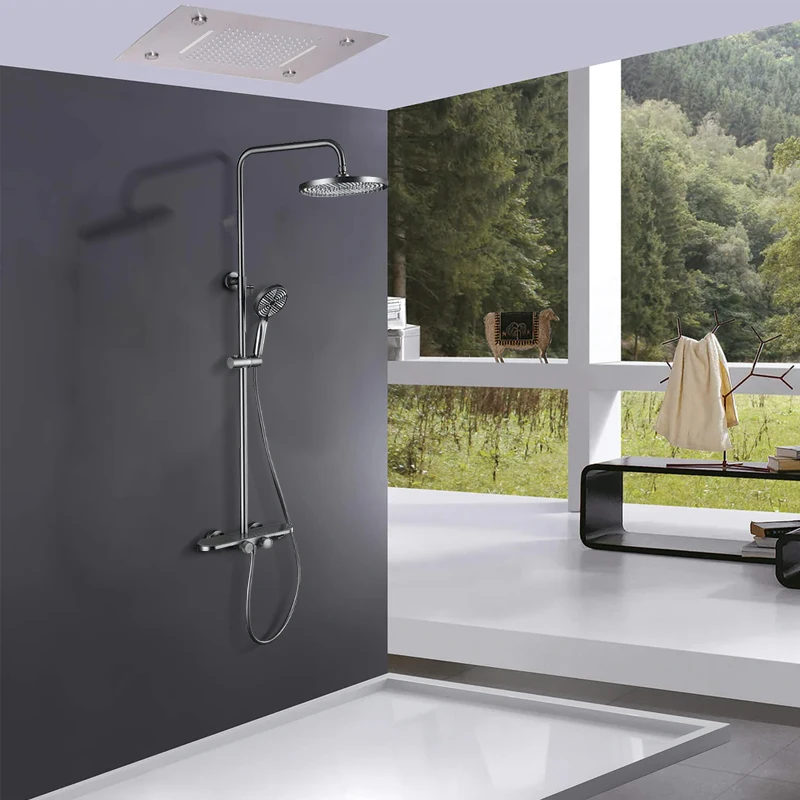 High Quality Smart Thermostatic Rain Bath Shower Set Rainfall Bathroom Shower Set Bathroom With White Glass Shelf