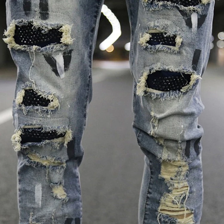 Wholesale Style Brand Italian Designer Rhinestone Skinny Jeans For Men