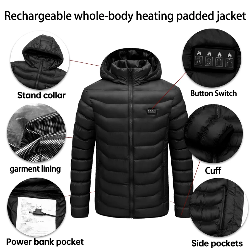 Custom Four Control Buttons 19 Area Heating Heated Coatthree-Speed Control Rechargeable Whole-Body Heating Padded Jacket