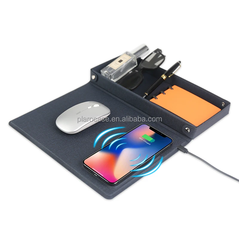 Custom LED Logo PU Leather Wireless Charging Mouse Pad with Stationery Compartment