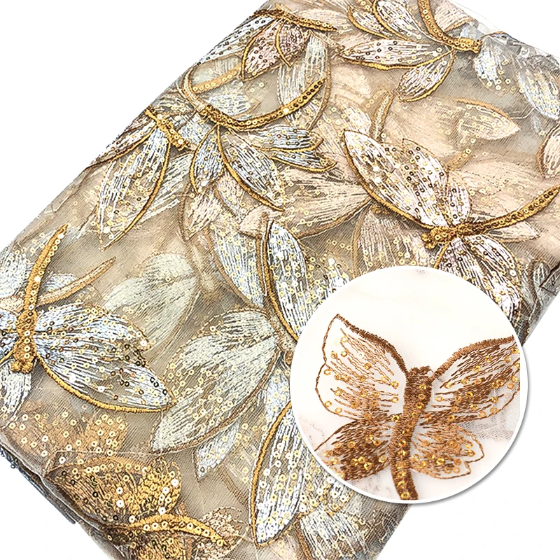Nylon cotton bridal fabric luxury embroidery beads sequins textile material lace fabric for women