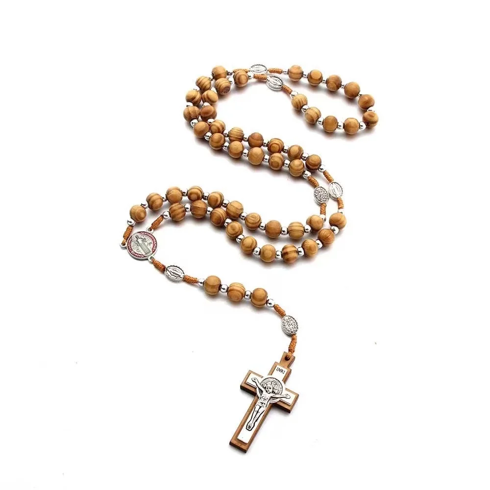 Hand-knotted Catholic Retro Wood Beads Alloy Benedic Jesus Christ Cross Pendant Rosary Necklace