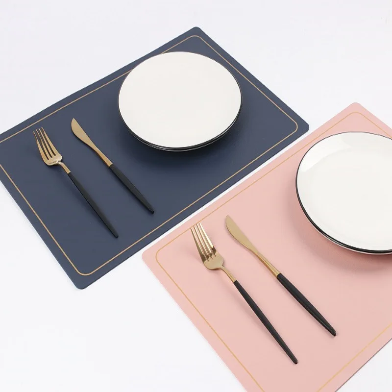 Custom Printed Nordic Kitchen Dining Leather Table Mat Pink Grey Brown Blue Orange Yellow Red Square Faux Pu Leather Placemat
