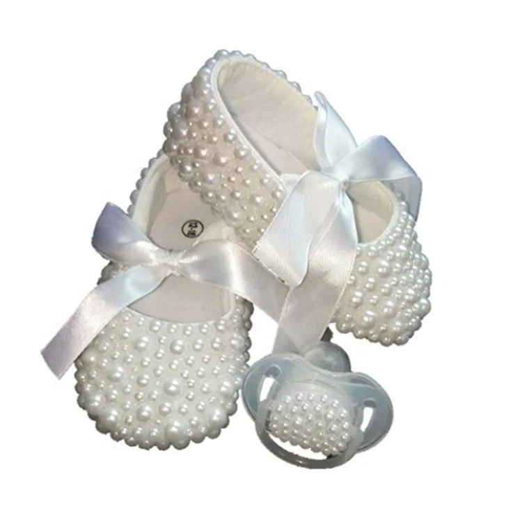 Christening Handmade Pearls White Gown Dress Shoes Baptism Keepsake Baby Girls Ballet Shoes Pacifier Set