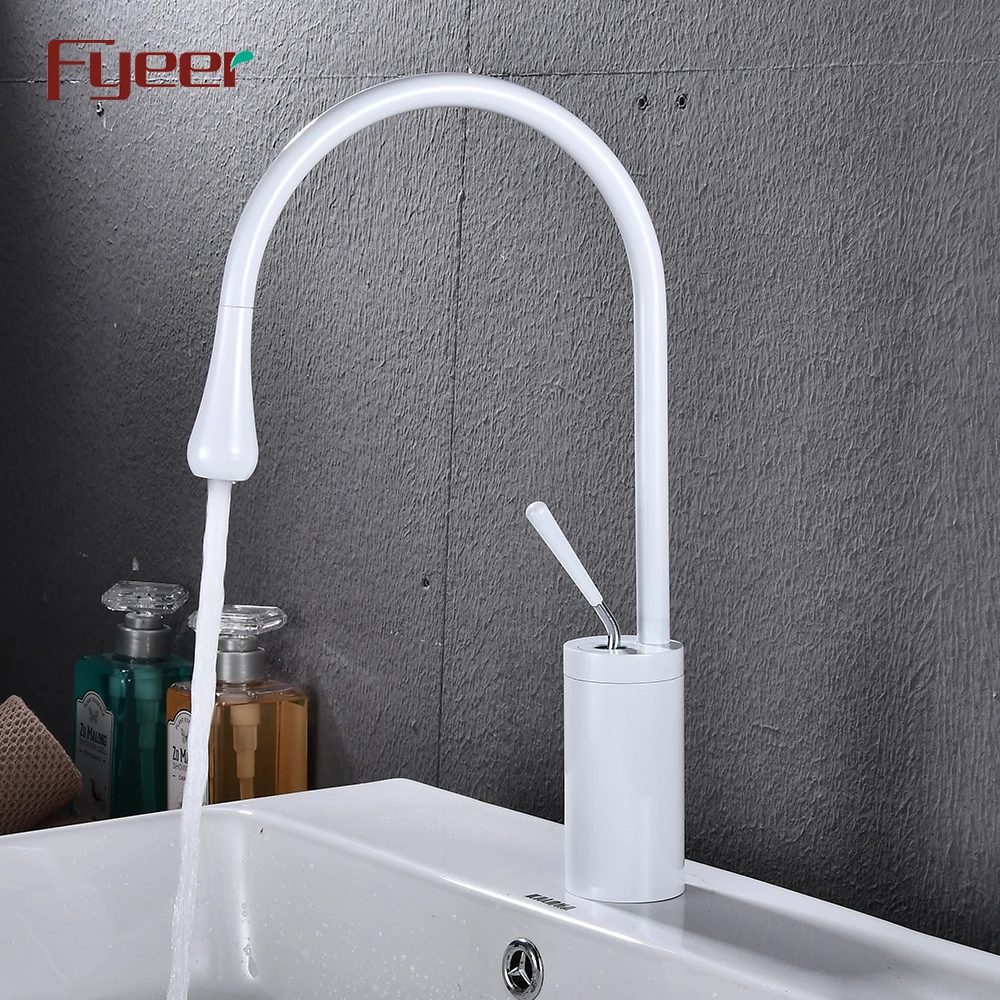 Fyeer Long Neck Water Drop White Painted Bathroom Basin Faucet