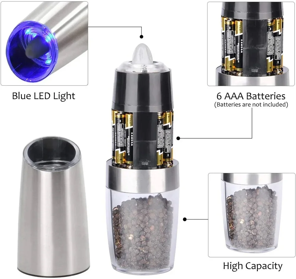304 Stainless Steel Adjustable Automatic Salt and Pepper Mill with LED Light Gravity Electric Salt and Pepper Grinder Set