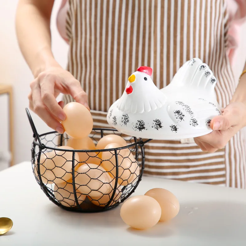 
Kitchen Decoration Portable Lovely Ceramic Chicken Metal Wire Egg Snack Storage Basket 