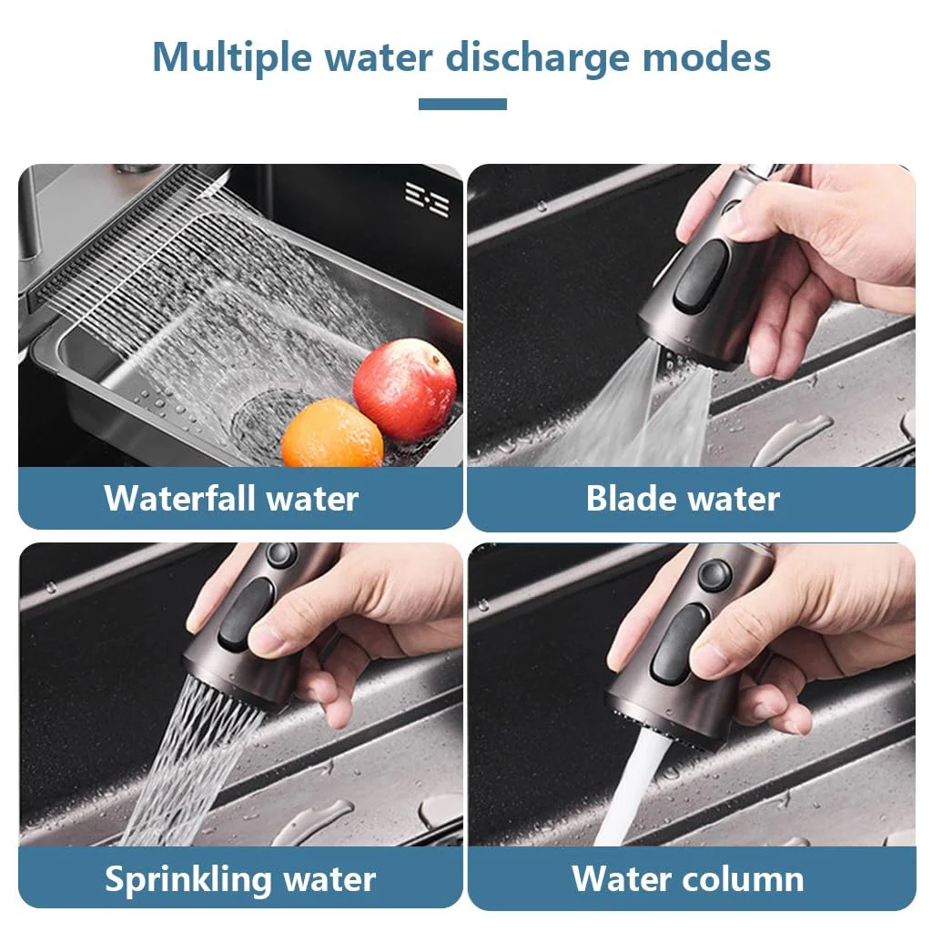 High End Kitchen Sinks One Piece Waterfall Faucet Stainless Steel Single Black Smart Kitchen Sink Sets