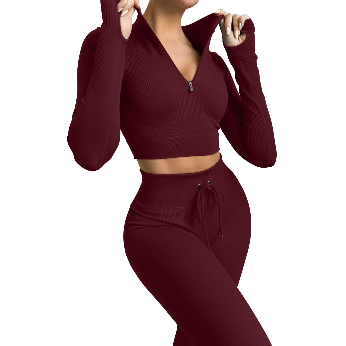 Ribbed Seamless Long Sleeve Top Yoga High Waist Outfit Leggings Zipper Design Workout Clothes