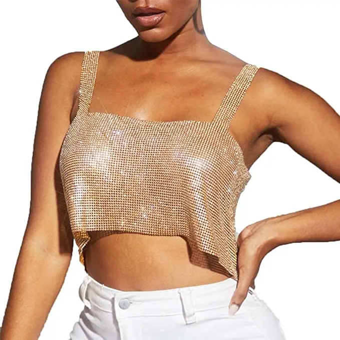 Hot Sexy Shiny Summer Sleeveless Rhinestone Vest Top Sparkly Crystal Rhinestone Metal Mesh Tank Tops for Women