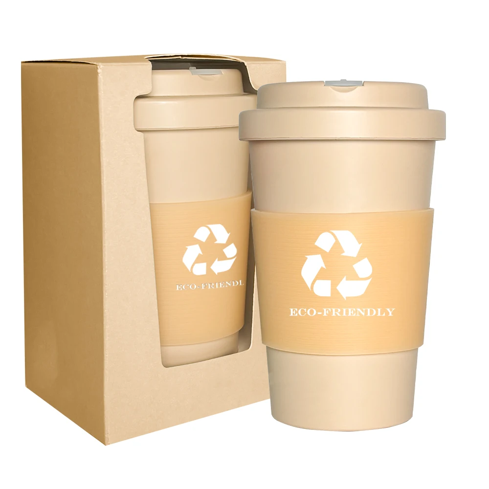 Hot sale 15OZ Travel Mug biodegradable screw on lid & anti-scald Sleeve reusable coffee mugs cup with sip&straw lid drink hole
