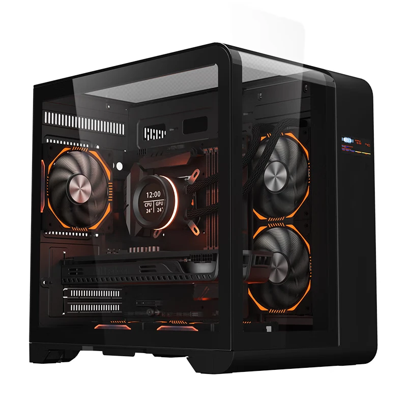 Lovingcool Triple Sided Tempered Glass Mid Tower PC Gaming Case MATX ITX Computer Desktop Case with Temperature Display Screen