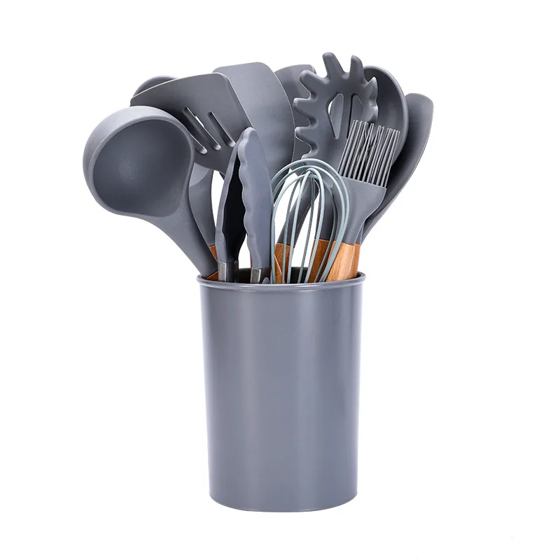 Non Toxic 12 pcs Cooking Tools Kitchenware Cocina Spatula Silicone Kitchen Utensils Set With Wooden Handles