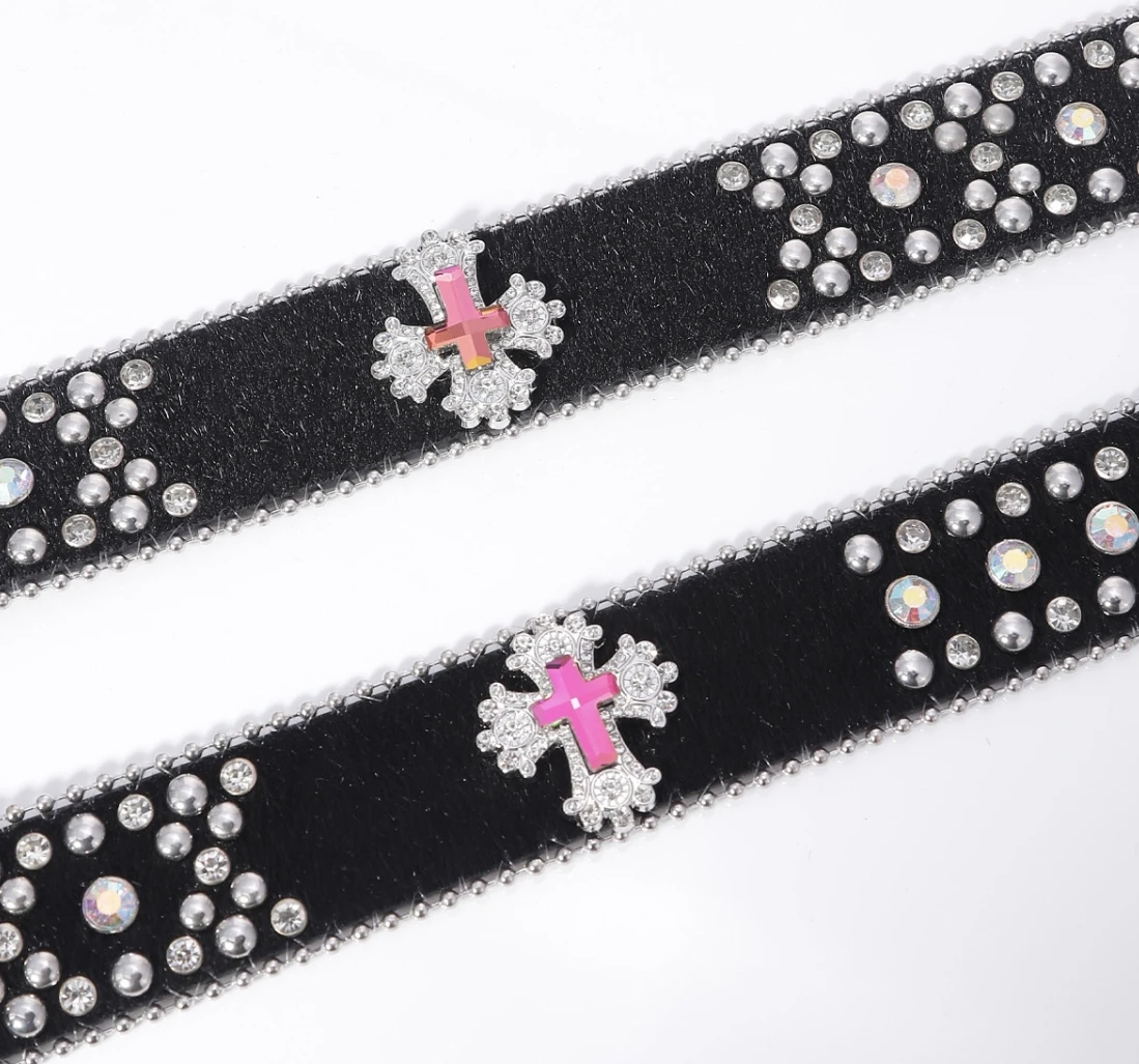 Wholesale Ladies Belt European American Punk Style Alloy Diamond Cross Wind Edge Beads Pin Buckle Leather PU Material Pants