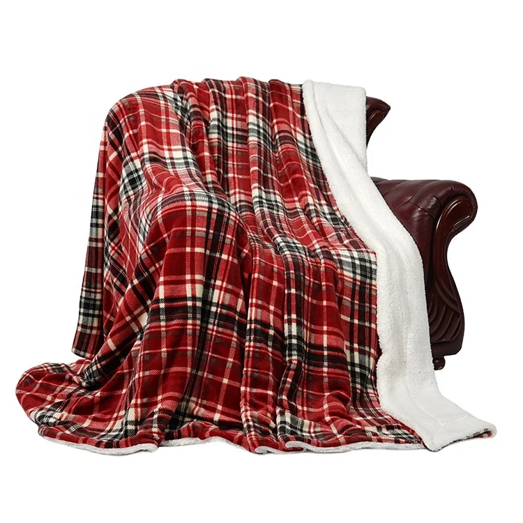 Fashion  high quality red lovely printed plaid  pattern warm  throw  flannel fleece  sherpa blanket