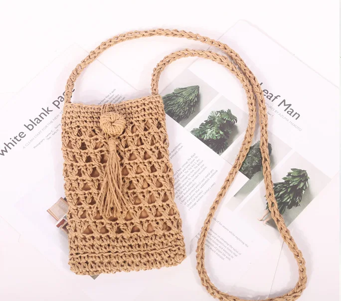 Niyang factory wholesale hot sale design handmade woven knitted beige camel color fashion women small bag mobile phone bags