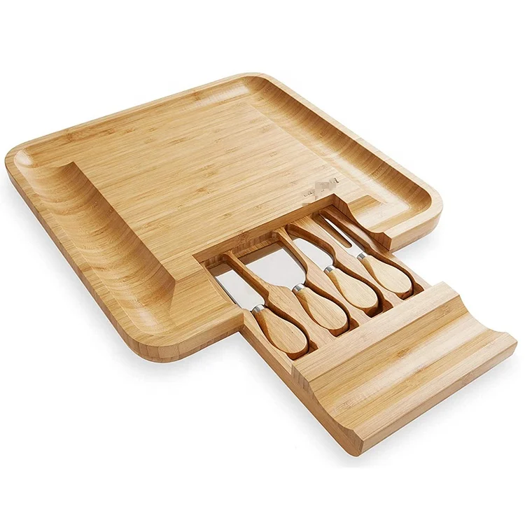 cheese board and knives set  slide out drawer with 4 pcs cheese knife cutting board cheese board and knife set for 4pcs