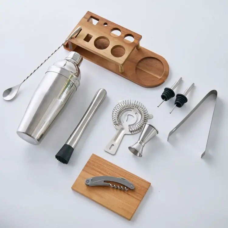 Good Price Bartender Kit Bar Cocktail Shaker Mixer Set with Stand Spoon Muddler Strainer Tong Pourer Jigger Corkscrew Board