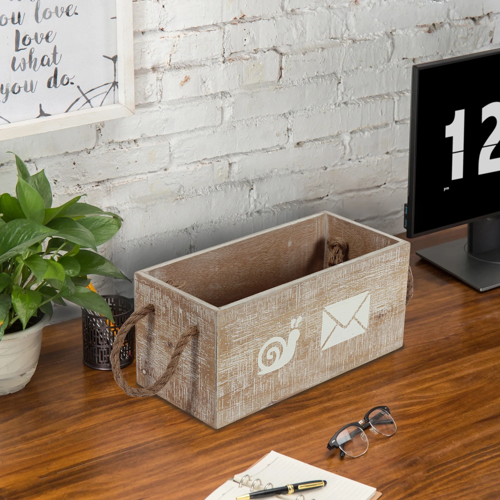 Wood Mail Organizer Box Countertop Mail Holder Box With Rope Handle Desk Mail Sorter For Office Home Wooden Desktop Organizer