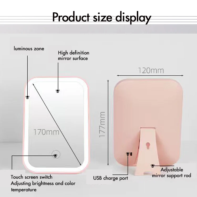 Standing Led USB Rechargeable Smart Desktop Tabletop Small Square Cosmetic Vanity Makeup Mirror With Led Light