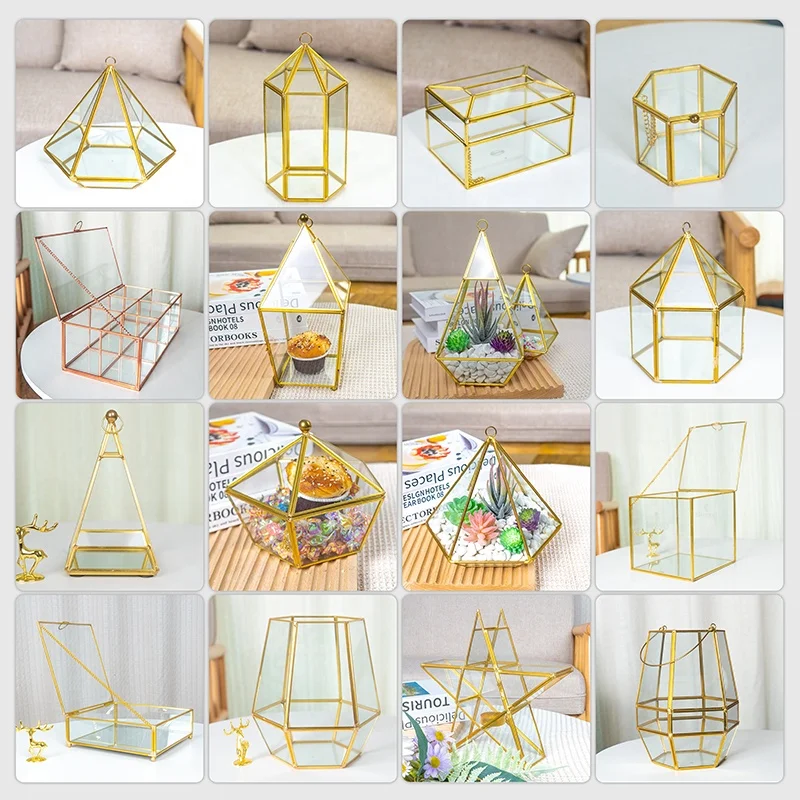 Retro Gold Border Transparent Geometric Glass Terrarium for Home Decor and Holiday Gift