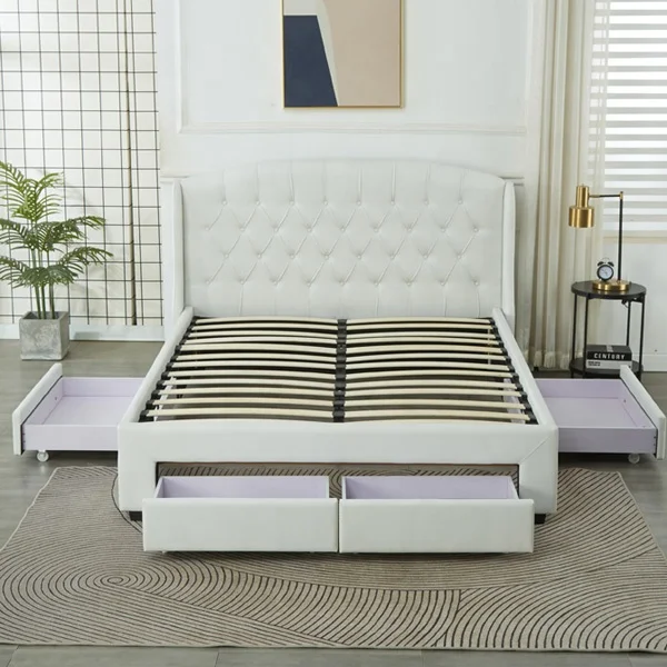 Solid and Comfortable Bed Base white color winged buttons headboard velvet fabric upholstered  bed  with 4 storage Drawers
