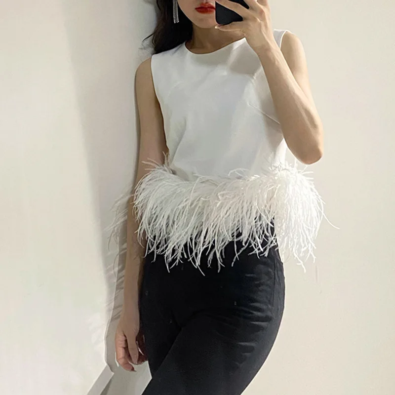 Round Collar Sleeveless Simple Style Vest Top with Detachable Feathers